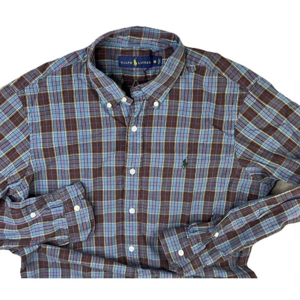 Polo Ralph Lauren Shirt Men Sz M Long Sleeve Plaid Check Button Front Blue Pony